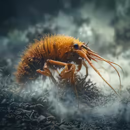 an orange insect on a rocky shore surrounded by sea grass