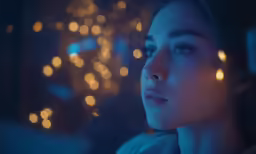 a girl looks intently out in front of the camera and blurs a lot of lights on her head