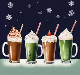 three coffee drinks are sitting on a counter top with whipped cream,three cups are filled with different beverages on a table