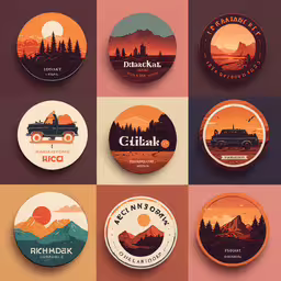 six badges depicting different types of camping,many logos and badges made to look like different countries