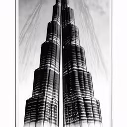 a black and white photo with a very tall building