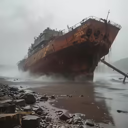 an old rusted ship sits abandoned on a rocky beach