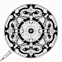 an abstract black and white painting of many details,the circular design has small fish and geometric lines,the design on the circle is designed to look like an ornament,the design is drawn on a white background with black lines,an intricate round pattern, in black and white