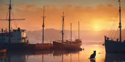 boats are anchored at a bay while the sun goes down,two boats in the water at sunset with a dog standing on one end