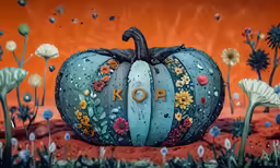 there is a blue pumpkin that has been decorated with flowers
