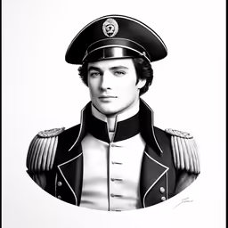 a black and white drawing of a man in uniform