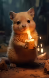 small animal sitting down holding a lit candle