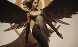 a woman wearing an angel outfit is standing with two wings