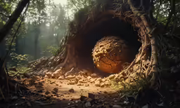 a rock outcropping in a forest with green plants on the ground
