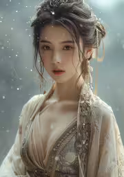 a woman in an oriental dress is standing in the snow,a doll wearing an oriental gown with white hair