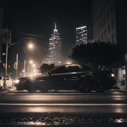 a car traveling through the city at night