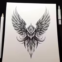 a drawing with a bird and wings in black ink
