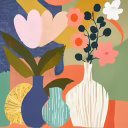 this painting has many different colored vases with flowers