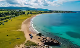 an aerial view of a beach with green trees and a blue ocean