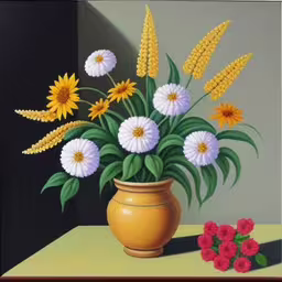 a painting of a vase with white, yellow, and red flowers,a painting of a vase full of flowers