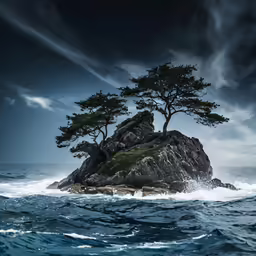 two trees on a rock in the middle of water