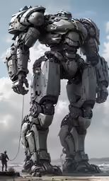 a giant robot like structure by the beach with a person climbing up it