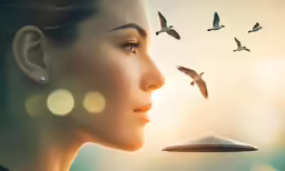 a woman with a bird hovering above her face