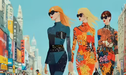 three models walking down the street in brightly colored outfits