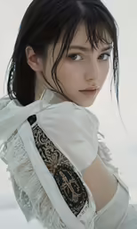 the young woman is wearing a white top and black tie