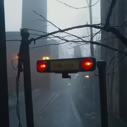 there is a light on a foggy street