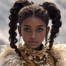 a young girl wearing an elaborate gold headdress