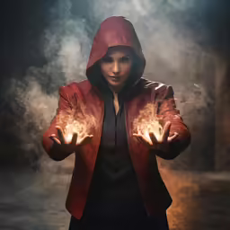 a person in a leather jacket holding out hands