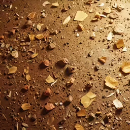 several pieces of torn and shattered brown paper