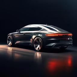 an futuristic looking vehicle on display in a dimly lit room
