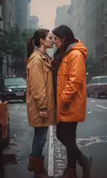 two woman in raincoats standing on the street
