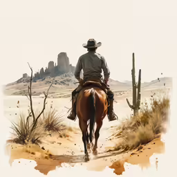 a man wearing a cowboy hat is riding his horse across the desert