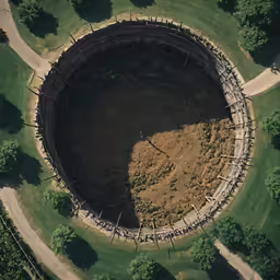 an old circular structure in the middle of an area with trees and dirt
