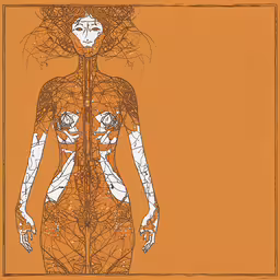 a picture of an human body and lines,a drawing of a woman in a body with an orange background