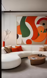 an artwork sits above a large modern sofa in the living room