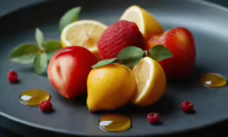 a black plate topped with cut lemons and apples