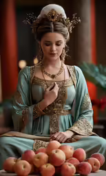 a woman is dressed in an ornate outfit sitting on the floor with apples