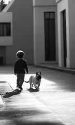 a child walks next to a cat outside of a building