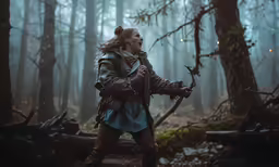 the woman is holding an arrow in a forest