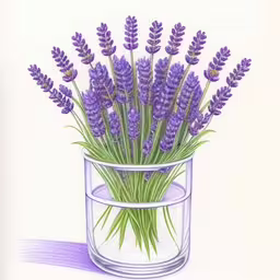 purple lavenders in a glass of water,drawing a bunch of lavender flowers inside a glass container,a painting of some lavenders in a cup,a purple arrangement of flowers in a clear vase,the lavenders in this clear glass are still growing