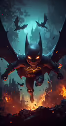 a batman flying through the air with flames in front