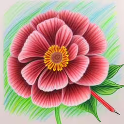 a pink flower on a white background with green leaves,a colorful drawing of a large red flower,an oil painting of an abstract flower,an illustration of a rose is shown in color,a picture of some flowers on a white paper