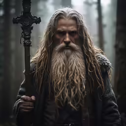 a man with long hair and long beard holding a stick