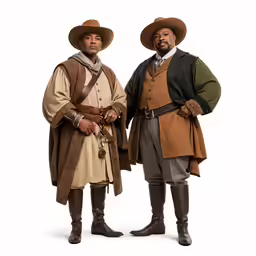 two men dressed in colonial american costume posing for the camera