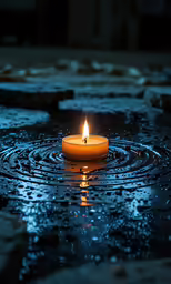 a lit candle in a puddle with water coming off of the floor