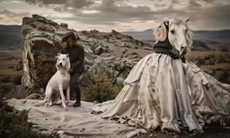 woman in a white dress with a horse on top of it