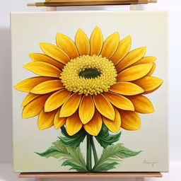 a painting of a yellow sunflower on a white background,painting of a yellow flower on white with green leaves