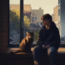a man sitting next to a cat near a window