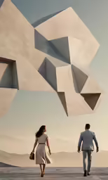 a man and woman walking together in the desert