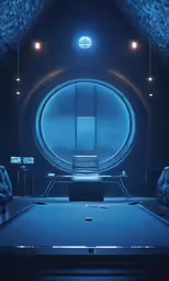some lights are glowing in the room and a pool table