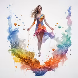 a woman walking through a colorful water - dye swirl